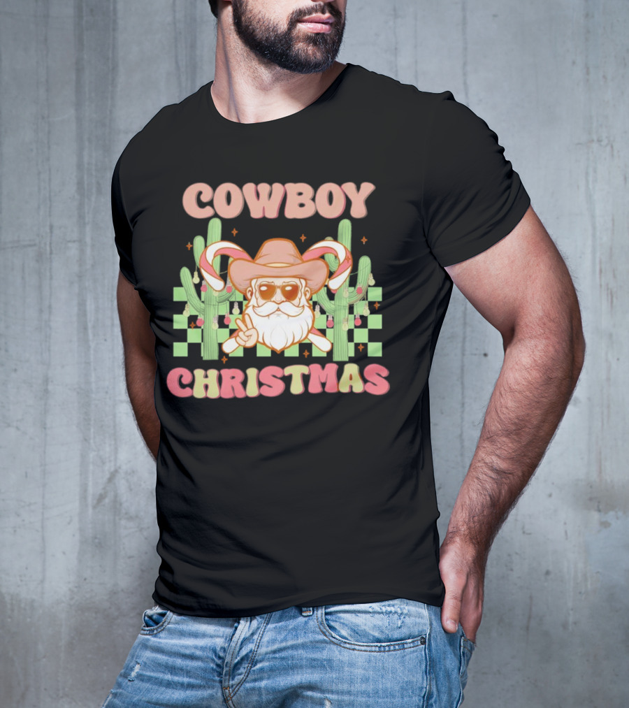 Cowboy Christmas Santa With Candy Cane And Cactus T-Shirt