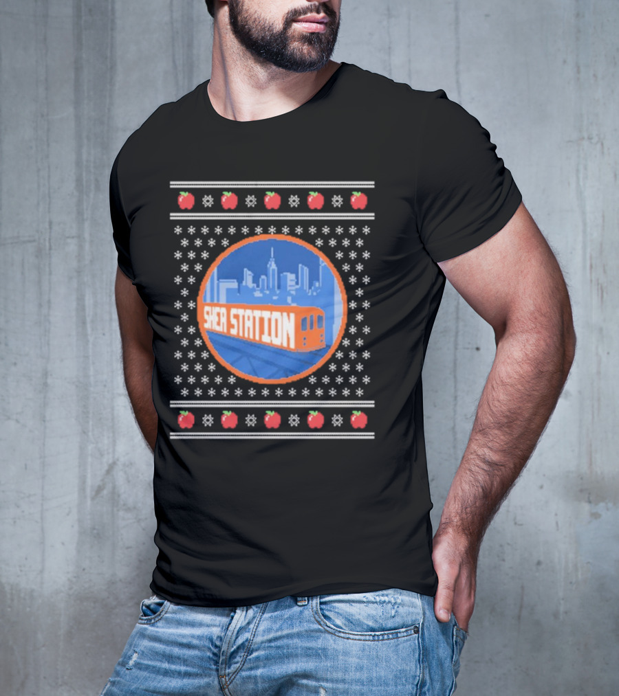 Shea Station New York Skyline Subway Snowflakes Apples T-Shirt
