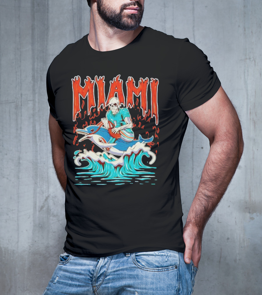 MIAMI Skeleton Riding Dolphin With Football And Flames T-Shirt