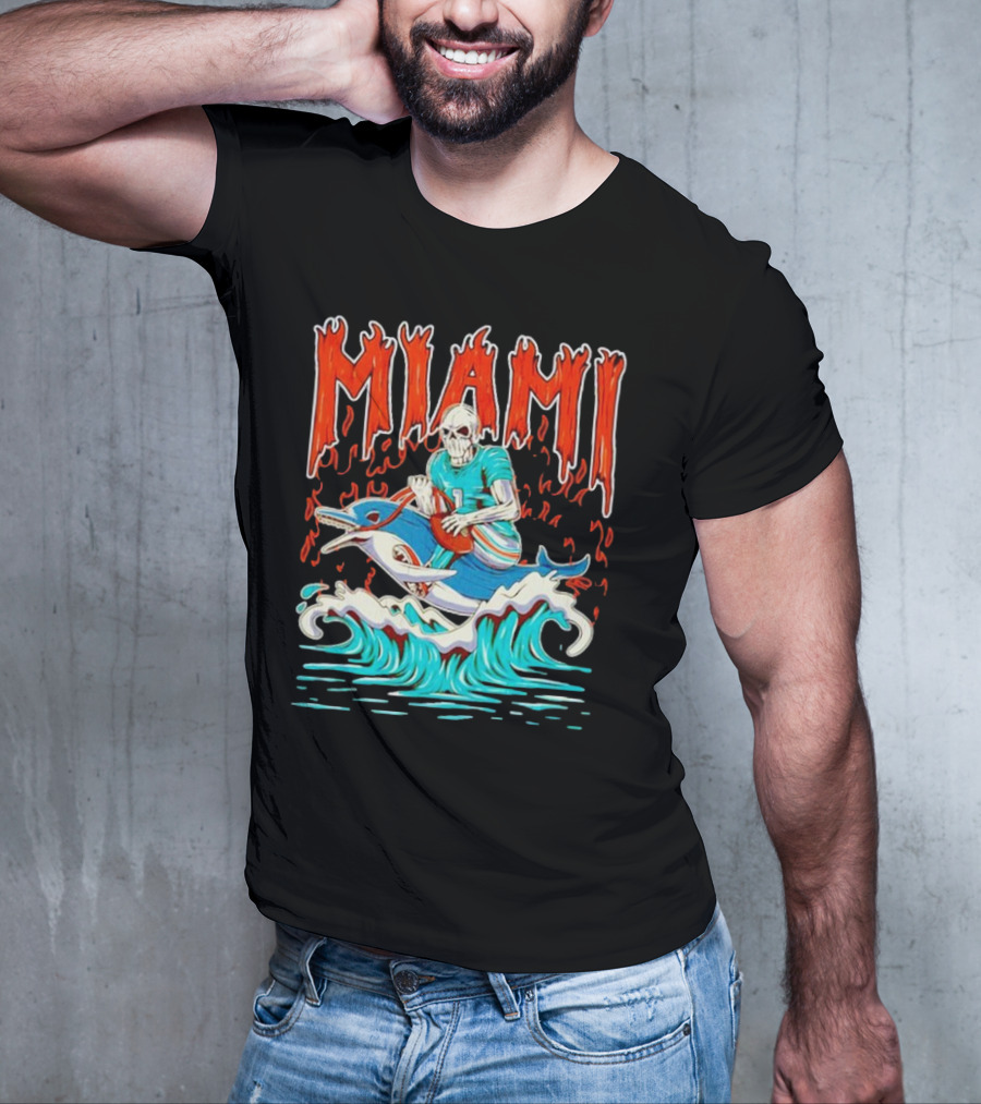 MIAMI Skeleton Riding Dolphin With Football And Flames T-Shirt