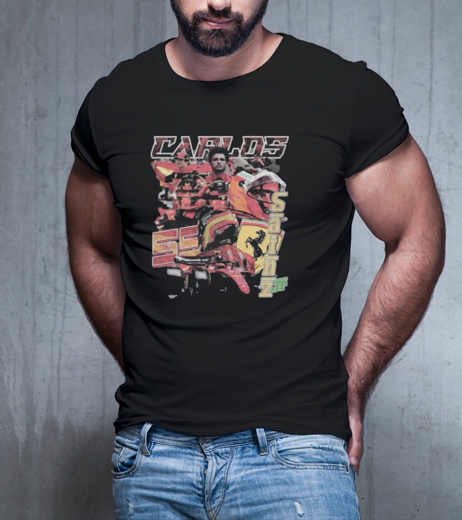 Carlos Sainz Jr Ferrari Racing Inspired Collage With Car Number 55 T-Shirt