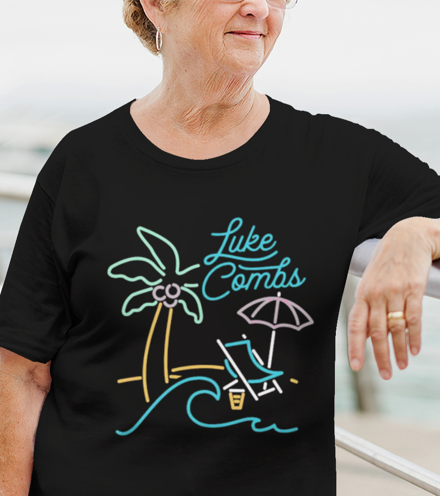 Luke Combs Neon Palm Tree Beach Scene With Umbrella And Chair T-Shirt