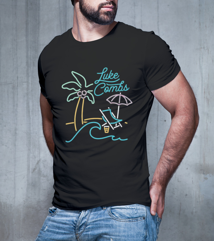 Luke Combs Neon Palm Tree Beach Scene With Umbrella And Chair T-Shirt