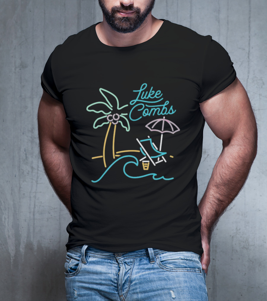 Luke Combs Neon Palm Tree Beach Scene With Umbrella And Chair T-Shirt