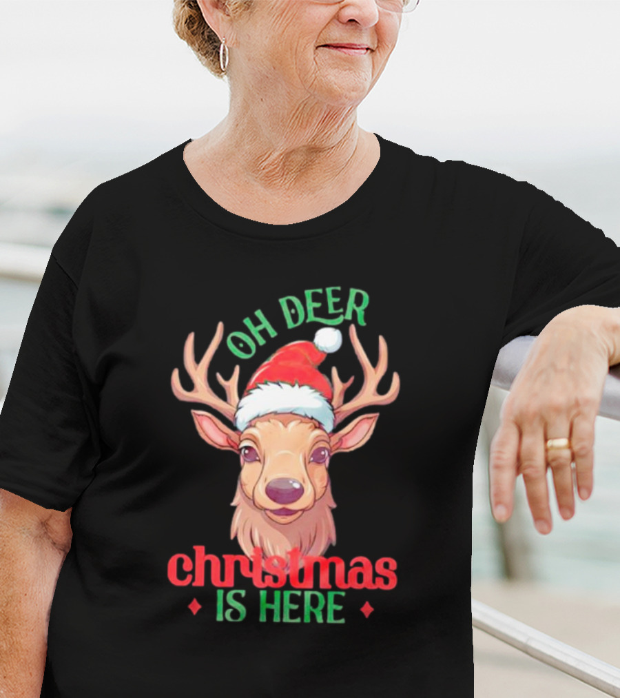 Oh Deer Christmas Is Here Festive Reindeer Santa Hat T-Shirt