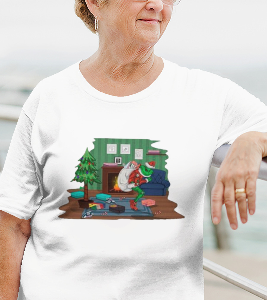 Grinch In Santa Outfit Stealing Presents By The Christmas Tree T-Shirt