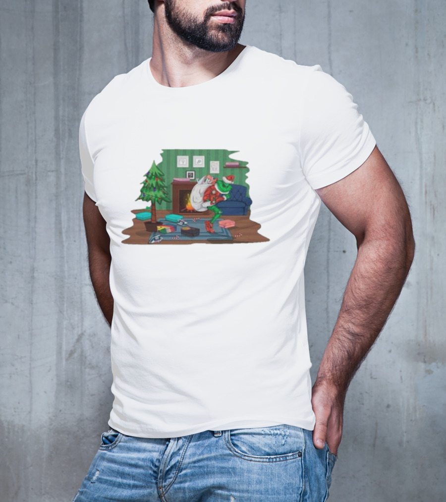 Grinch In Santa Outfit Stealing Presents By The Christmas Tree T-Shirt