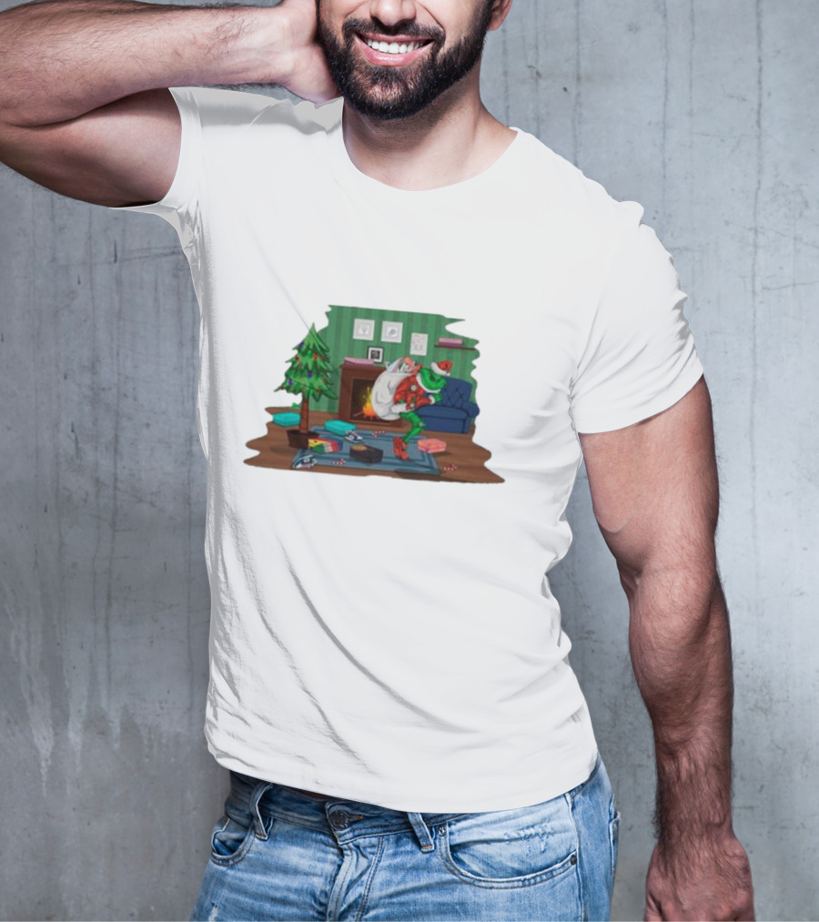 Grinch In Santa Outfit Stealing Presents By The Christmas Tree T-Shirt