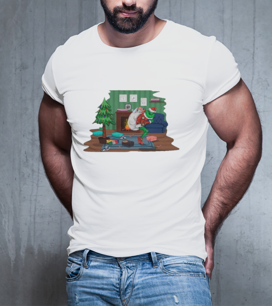 Grinch In Santa Outfit Stealing Presents By The Christmas Tree T-Shirt