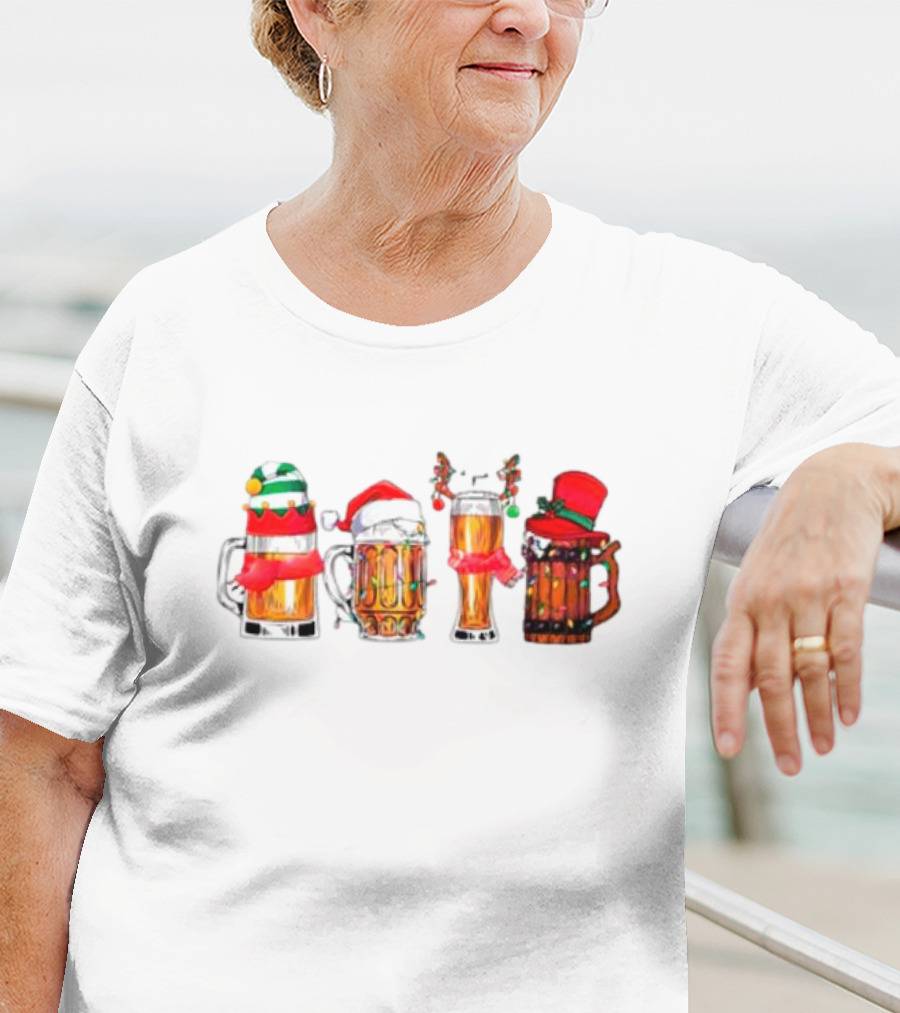 Christmas Beer Mugs Santa Hat And Holiday Decorations T-Shirt
