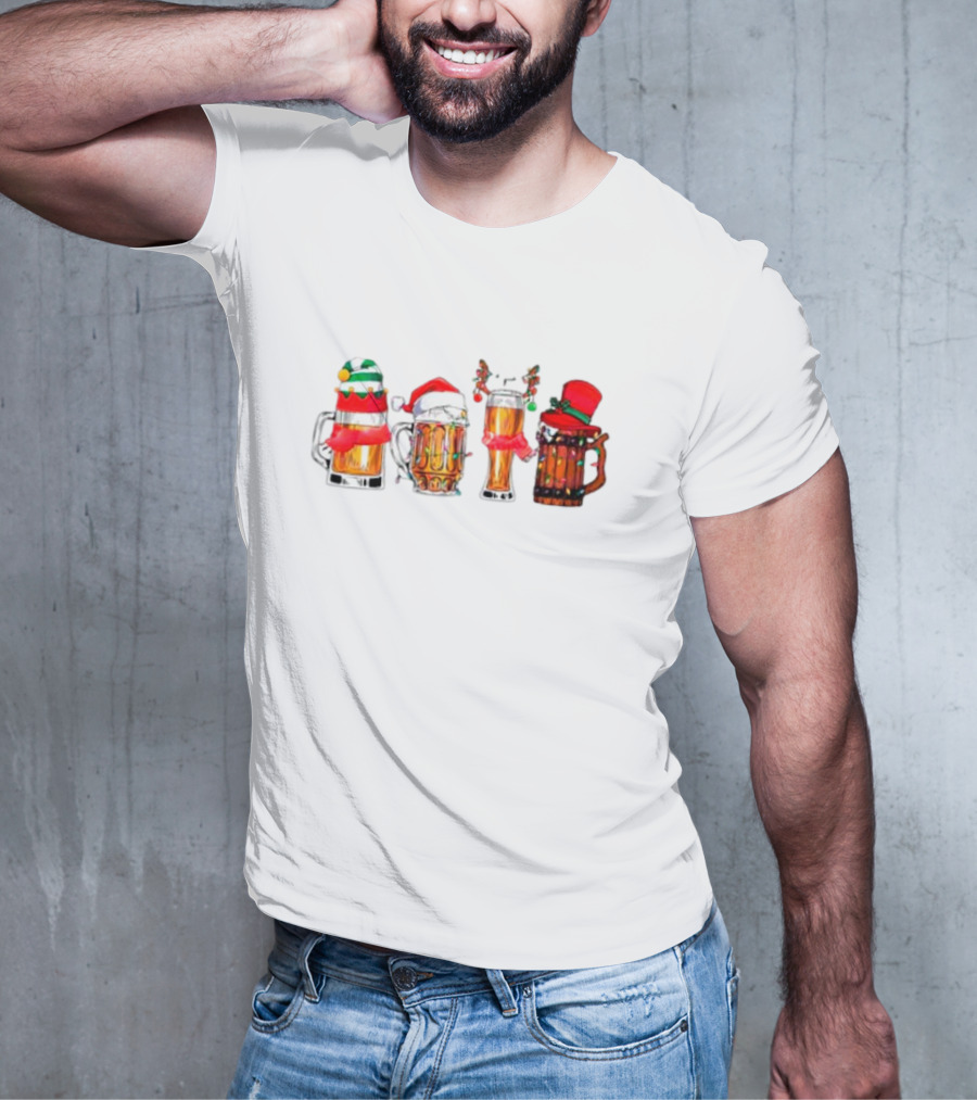 Christmas Beer Mugs Santa Hat And Holiday Decorations T-Shirt