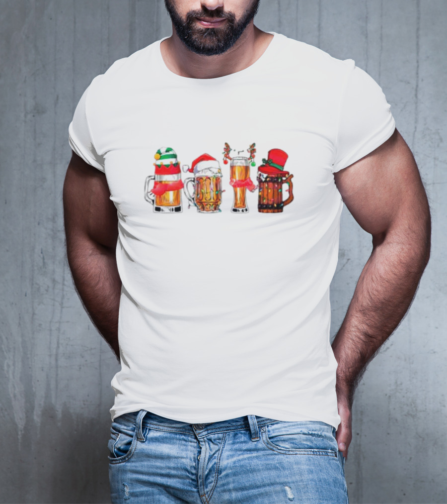 Christmas Beer Mugs Santa Hat And Holiday Decorations T-Shirt
