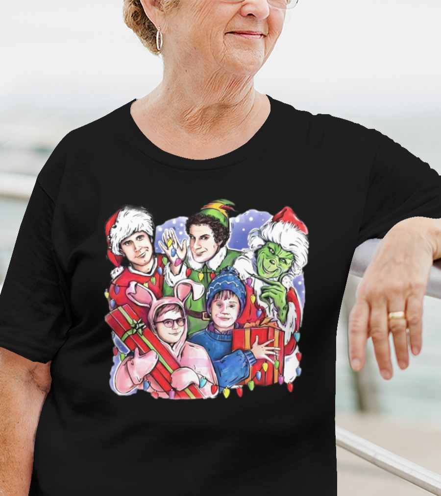 Christmas Friends Movie Character Santa Elf Grinch Pink Bunny T-Shirt