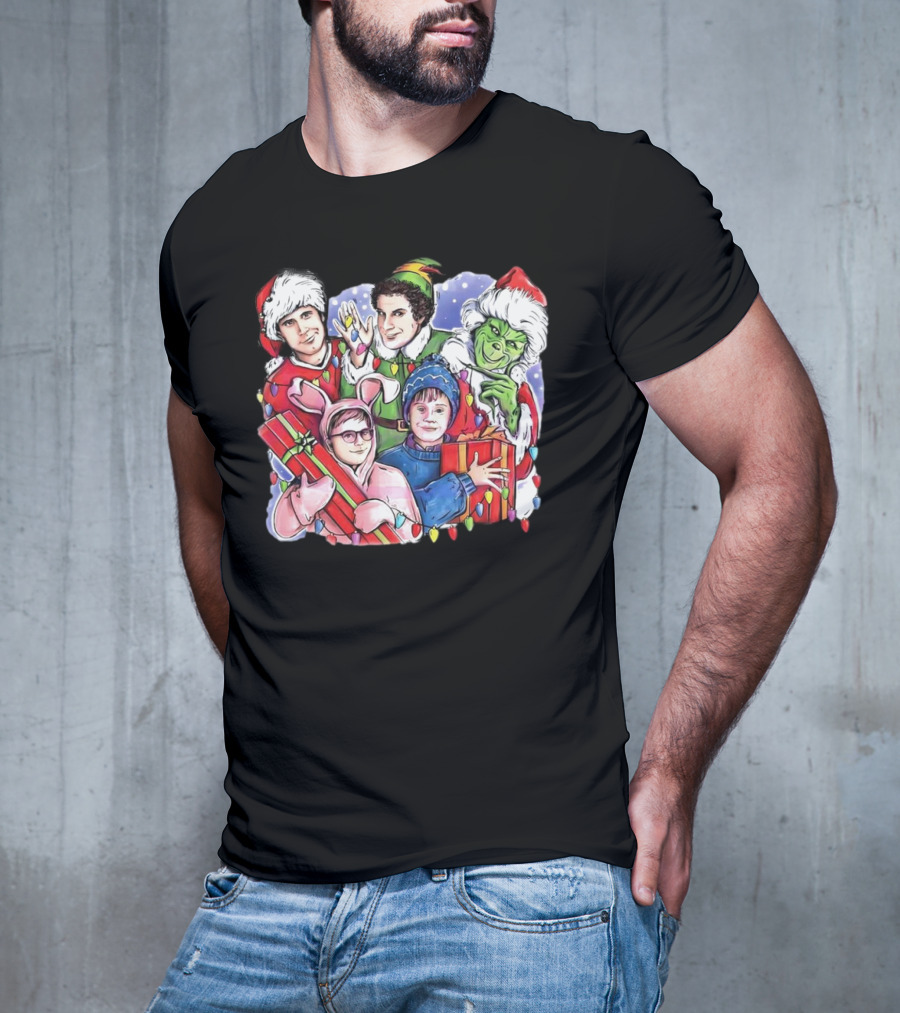 Christmas Friends Movie Character Santa Elf Grinch Pink Bunny T-Shirt