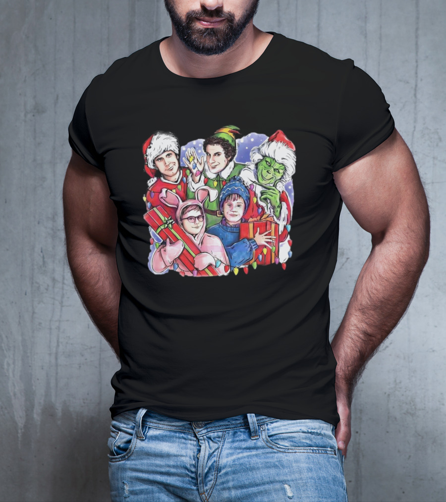 Christmas Friends Movie Character Santa Elf Grinch Pink Bunny T-Shirt