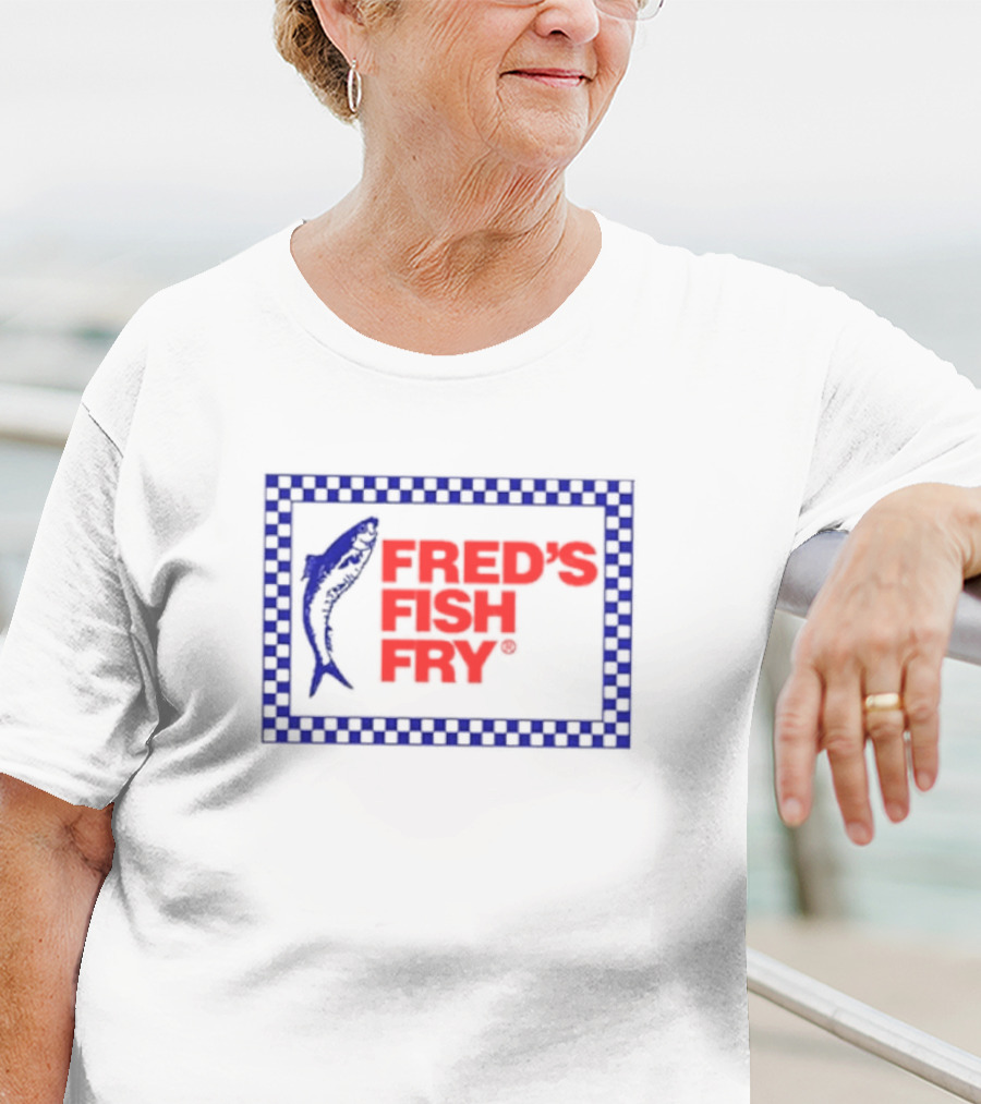 Fred’s Fish Fry Red And Blue Checkered Border With Fish T-Shirt