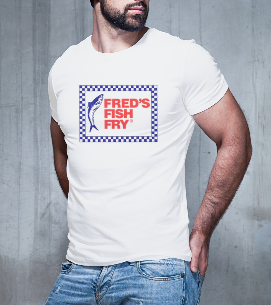 Fred’s Fish Fry Red And Blue Checkered Border With Fish T-Shirt