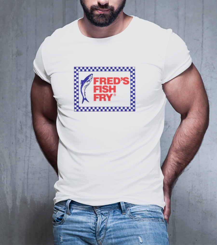 Fred’s Fish Fry Red And Blue Checkered Border With Fish T-Shirt