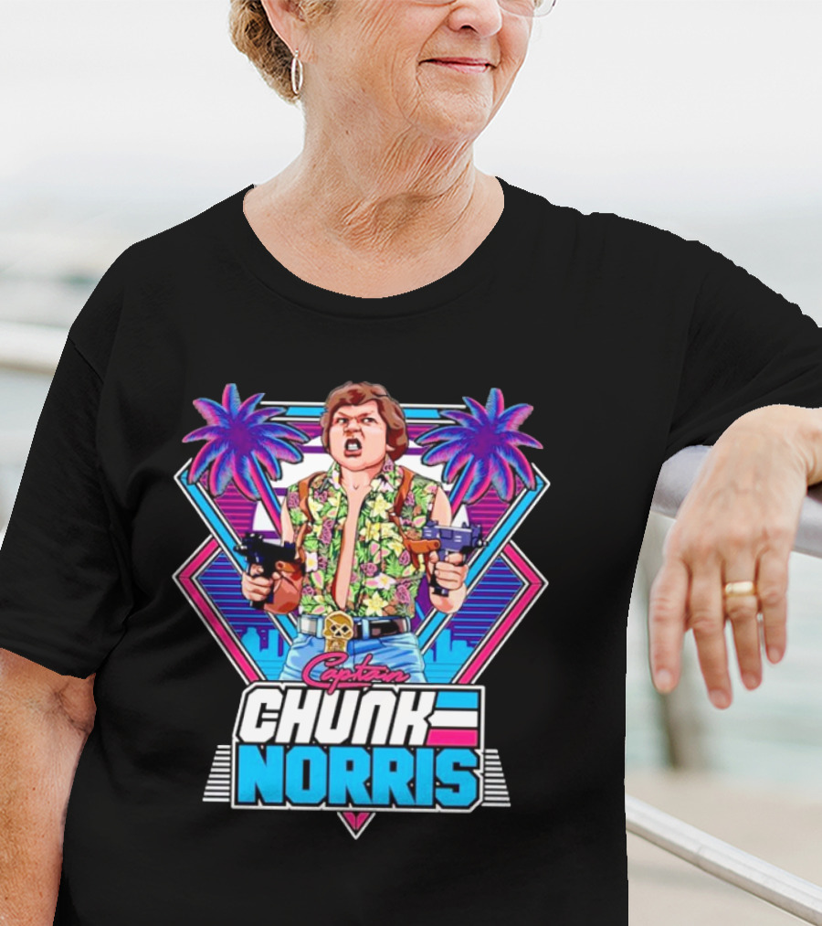 Captain Chunk Norris Retro Miami Vice Styled Character With Dual Pistols And Neon Palm Trees T-Shirt