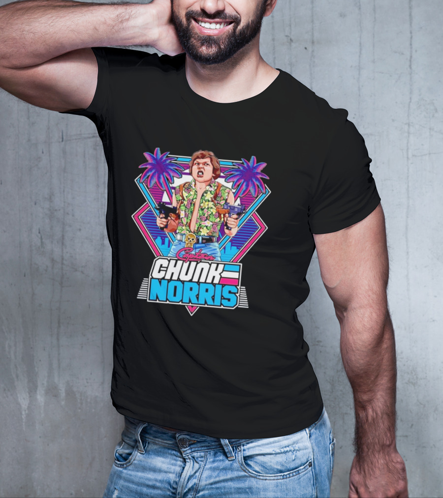 Captain Chunk Norris Retro Miami Vice Styled Character With Dual Pistols And Neon Palm Trees T-Shirt