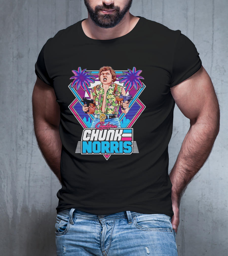 Captain Chunk Norris Retro Miami Vice Styled Character With Dual Pistols And Neon Palm Trees T-Shirt