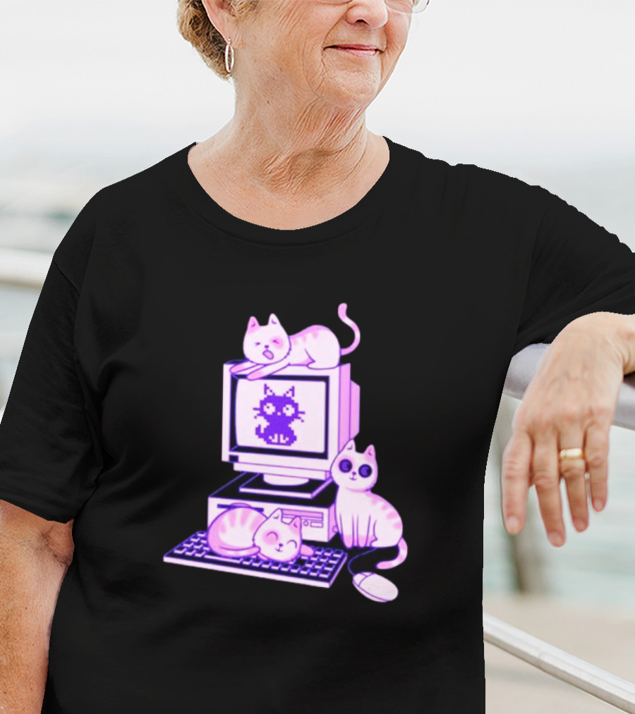 Cats Over Retro Computer With Pixel Art Cat On Screen T-Shirt