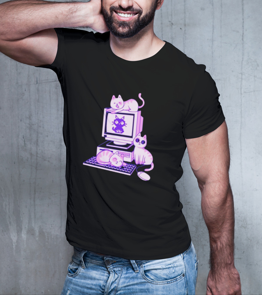 Cats Over Retro Computer With Pixel Art Cat On Screen T-Shirt