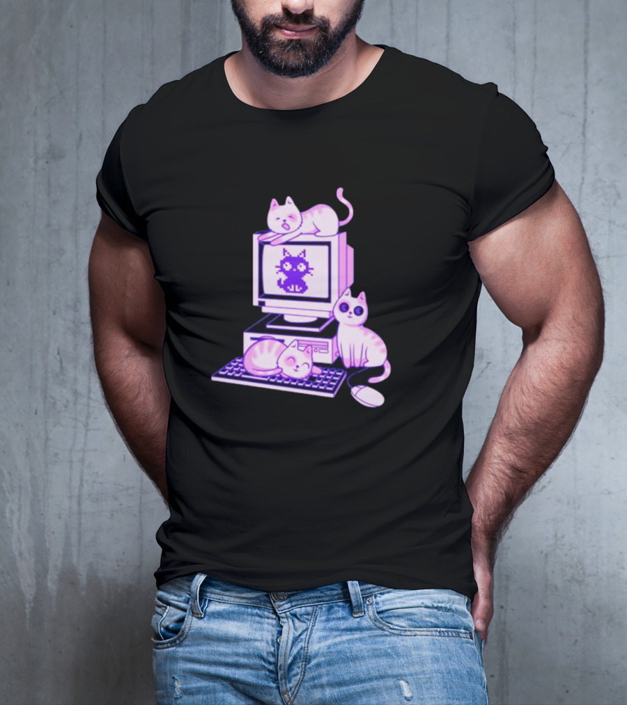 Cats Over Retro Computer With Pixel Art Cat On Screen T-Shirt