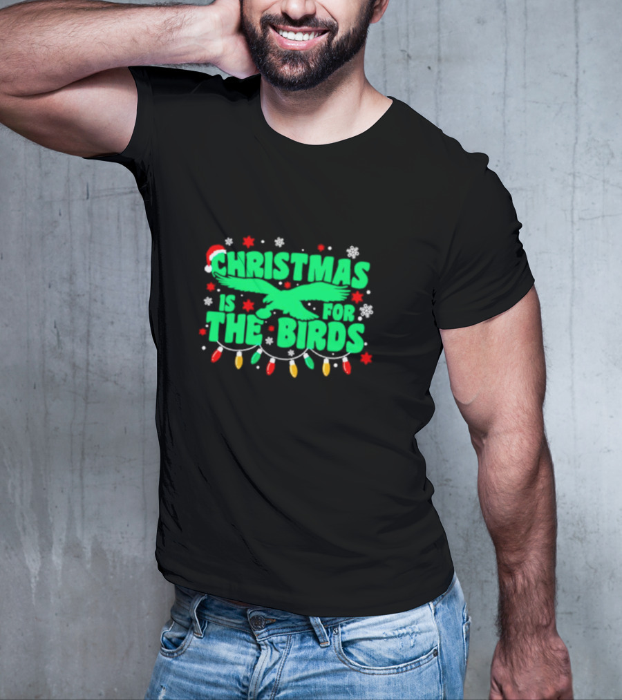 Christmas Is For The Birds Festive Holiday Lights Snowflakes Santa Hat T-Shirt