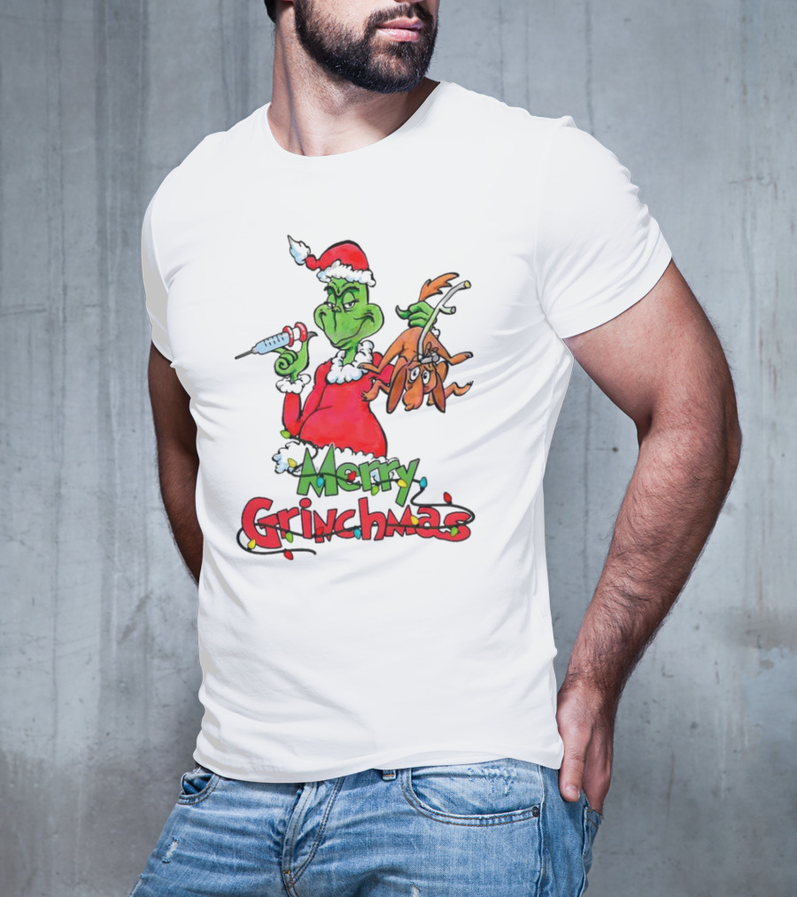 Merry Grinchmas Nurse Christmas Grinch With Syringe And Reindeer Dog T-Shirt
