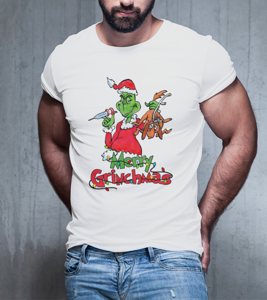 Merry Grinchmas Nurse Christmas Grinch With Syringe And Reindeer Dog T-Shirt