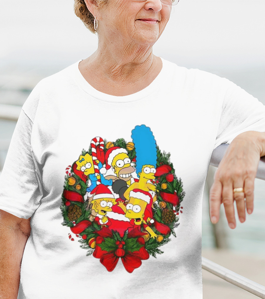 The Simpsons Holiday Wreath With Santa Hats And Candy Canes T-Shirt
