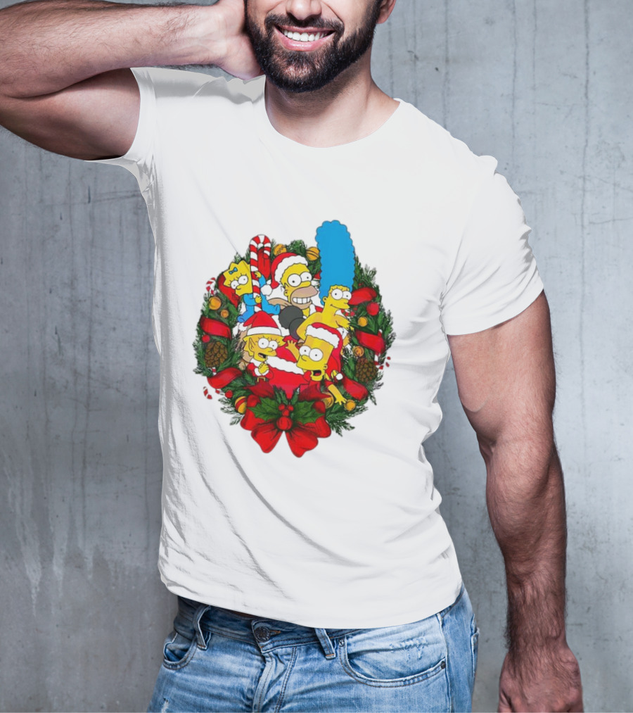 The Simpsons Holiday Wreath With Santa Hats And Candy Canes T-Shirt