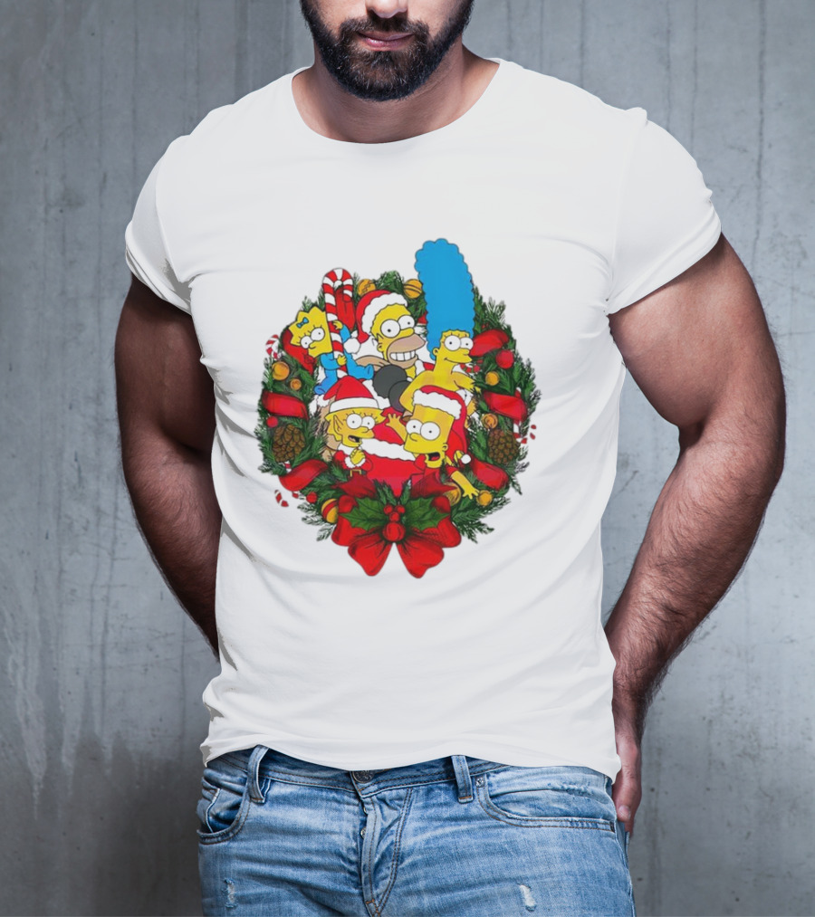 The Simpsons Holiday Wreath With Santa Hats And Candy Canes T-Shirt