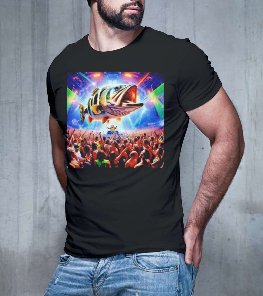 When The Bass Drops With Giant Fish Over Rave Crowd T-Shirt