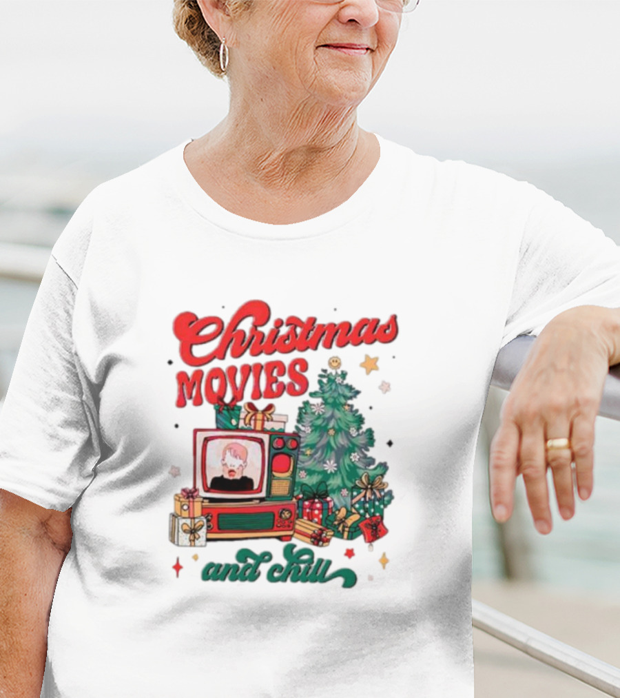 Christmas Movies And Chill Retro TV Christmas Tree Presents T-Shirt