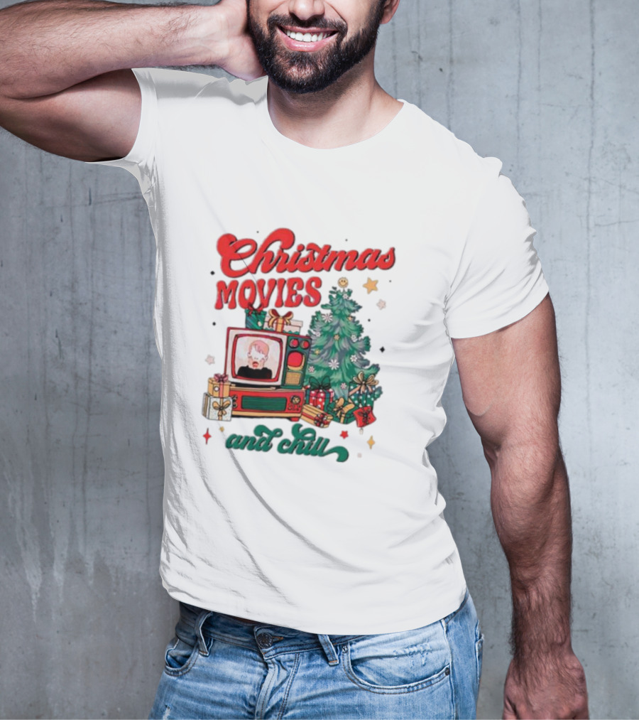 Christmas Movies And Chill Retro TV Christmas Tree Presents T-Shirt