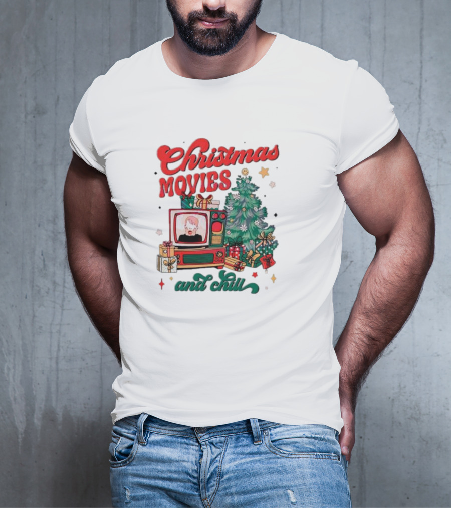 Christmas Movies And Chill Retro TV Christmas Tree Presents T-Shirt