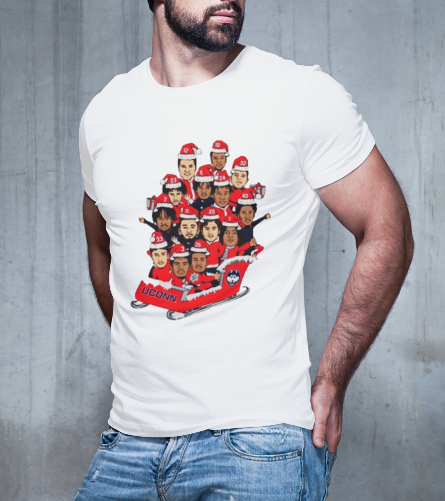 UConn Huskies Christmas Cartoon Sled Team Santa Hats T-Shirt