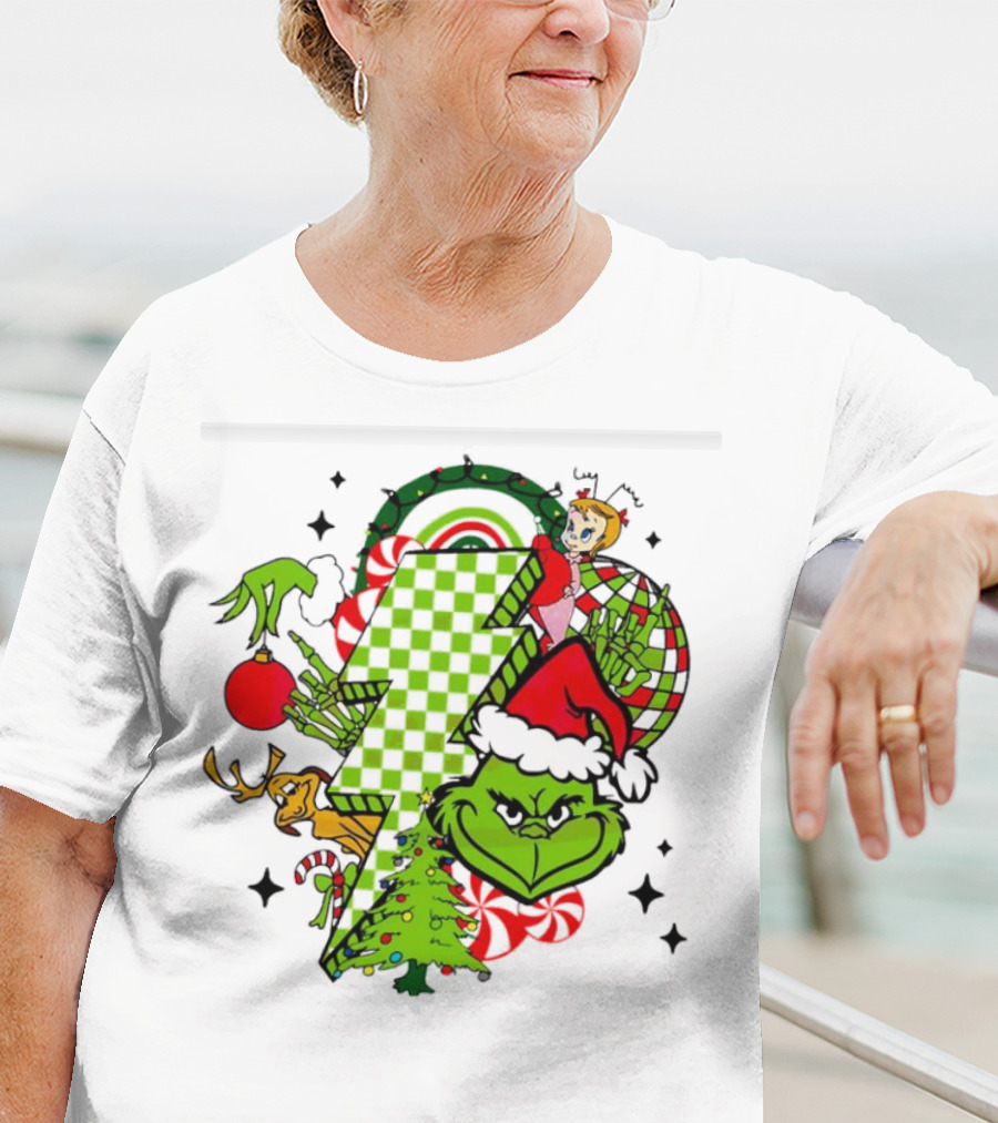 Grinch Christmas Checkered Lightning Bolt With Friends And Festive Decorations T-Shirt