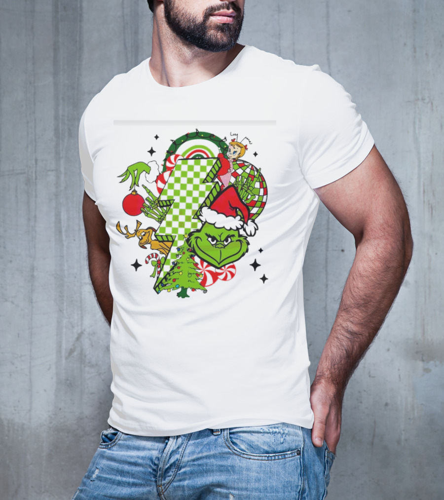 Grinch Christmas Checkered Lightning Bolt With Friends And Festive Decorations T-Shirt