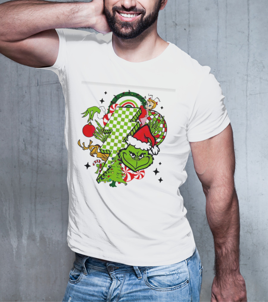 Grinch Christmas Checkered Lightning Bolt With Friends And Festive Decorations T-Shirt