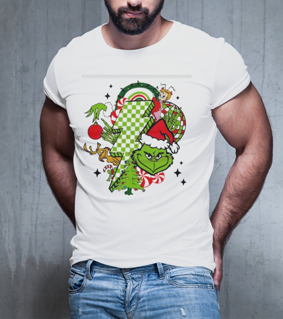 Grinch Christmas Checkered Lightning Bolt With Friends And Festive Decorations T-Shirt