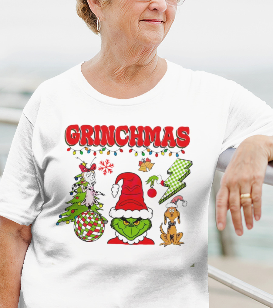 Grinch Grinchmas Red Hat Christmas Tree Max Dog Lightning Bolt Ornaments T-Shirt