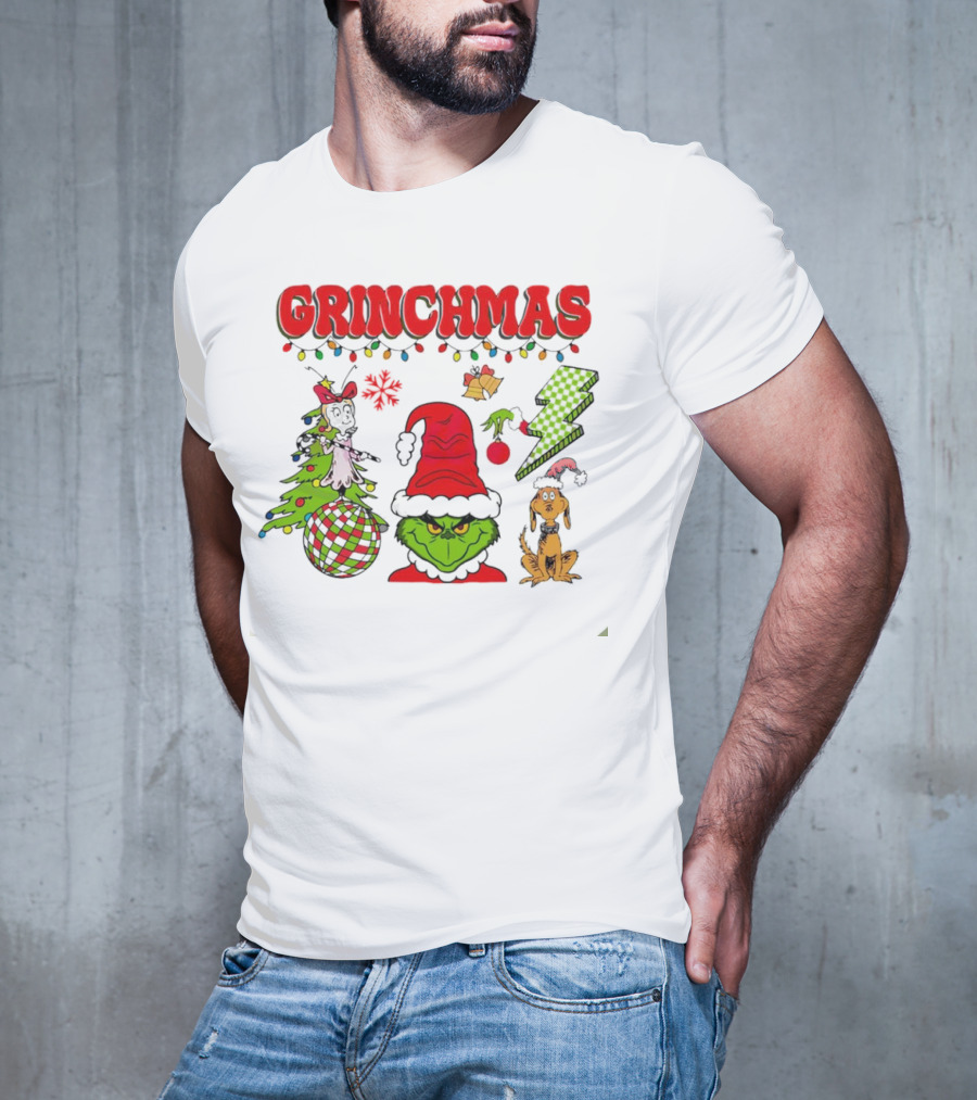 Grinch Grinchmas Red Hat Christmas Tree Max Dog Lightning Bolt Ornaments T-Shirt