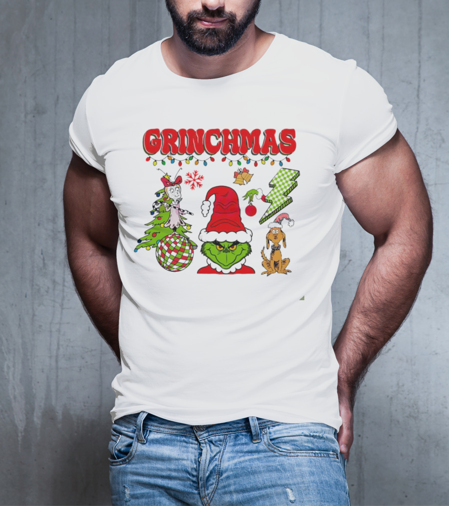 Grinch Grinchmas Red Hat Christmas Tree Max Dog Lightning Bolt Ornaments T-Shirt