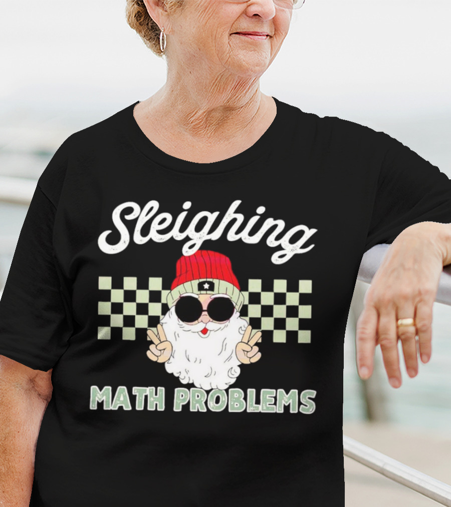 Sleighing Math Problems Santa Peace Sign Checkered Background T-Shirt