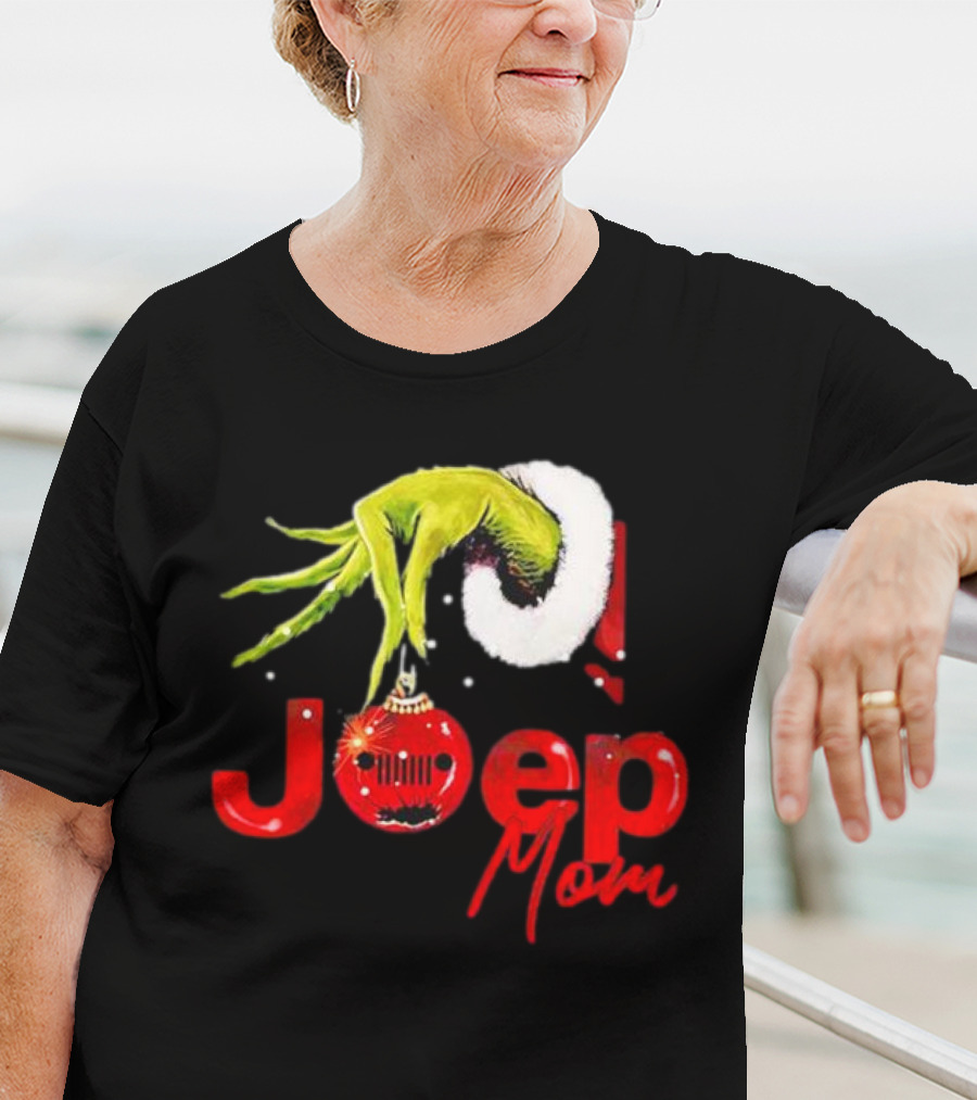 Grinch Hand With Santa Hat Holding Christmas Ornament Jeep Mom T-Shirt