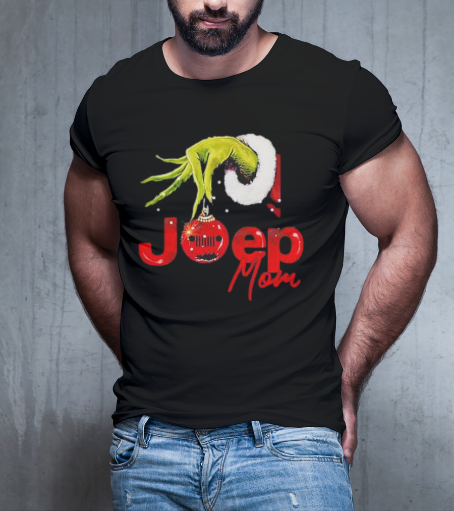 Grinch Hand With Santa Hat Holding Christmas Ornament Jeep Mom T-Shirt