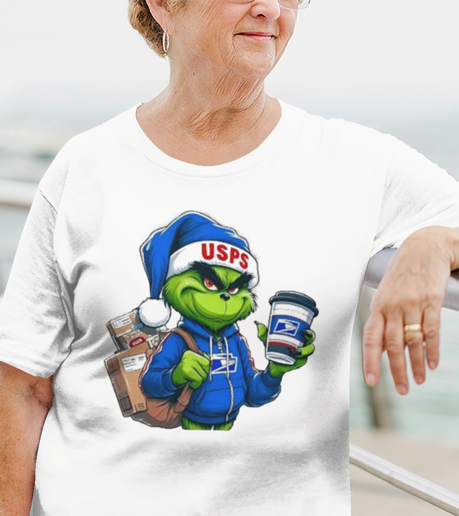 USPS Grinch Merry Christmas Delivery With Packages And Coffee T-Shirt